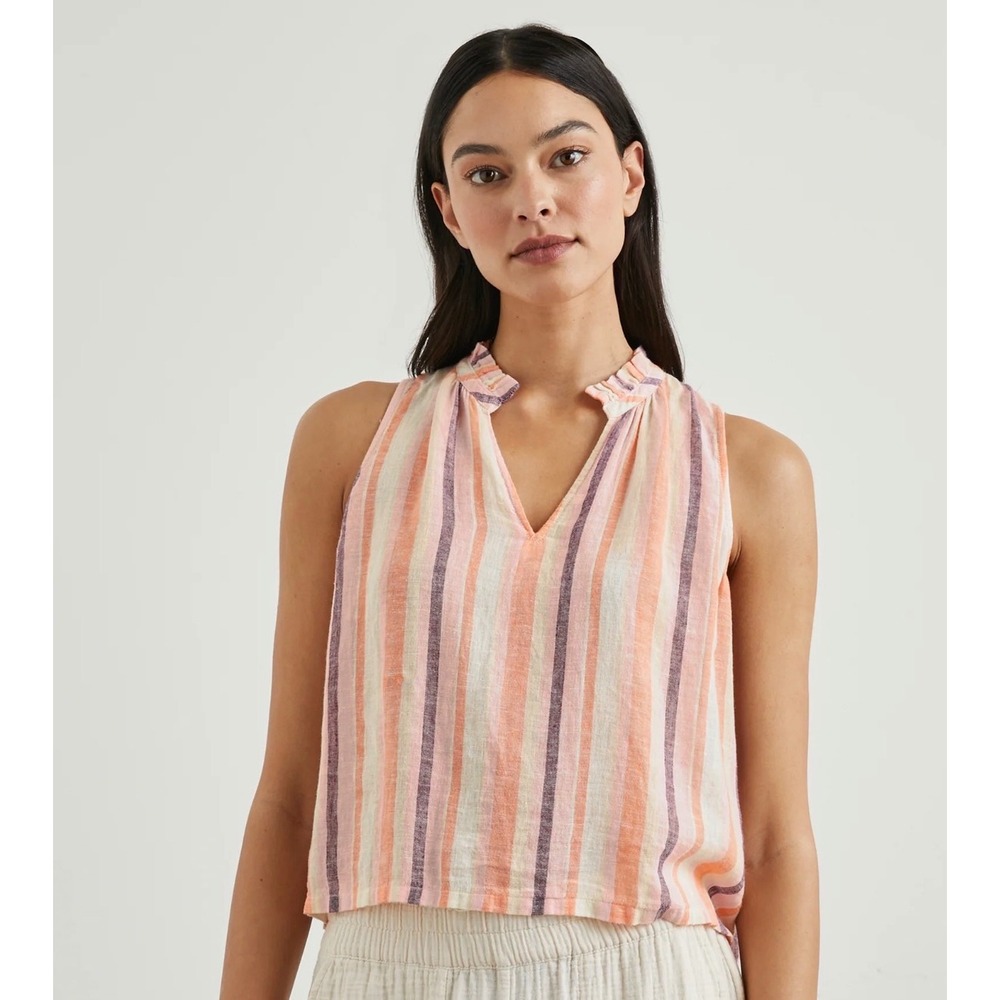 Rails Christy Papaya Stripe Linen Blend Sleeveless Ruffle V-Neck Top Small